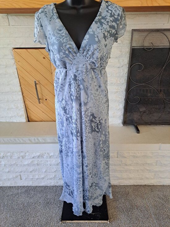 Lisa Jo Dresses & Skirts - Vtg 90's Babydoll Slate Blue Midi Dress V-Neck Flutter Sleeves Lisa Jo Cottage M